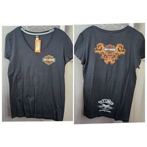 Harley-Davidson V-Neck Shirt Women L Black 100% Cotton Short Sleeve Fire IL NEW